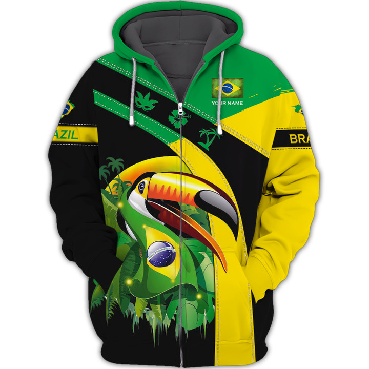 Brazil Personalized Name 3D Brasil Zipper Hoodie Custom Gift For Brazil Lovers