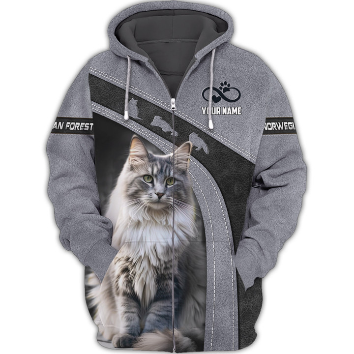 Norwegian Forest Cat Personalized Name 3D Zipper Hoodie Gift For Cat Lovers