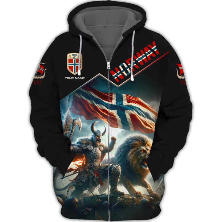 Norway Viking Warrior With Lion 3D Custom Name Zipper Hoodie Gift For Norway Lovers