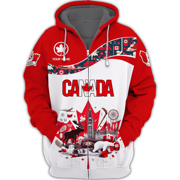 Love Canada Personalized Name 3D Zipper Hoodie Custom Gift For Canada Lovers