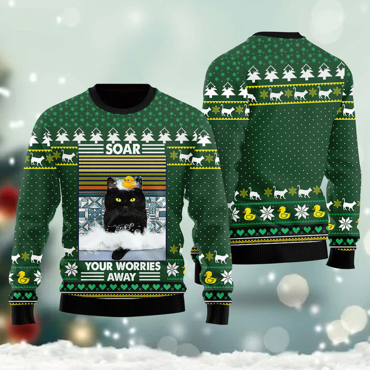 Funny Black Cat Soar Your Worries Away Ugly Christmas Sweater For Men & Women Adult
