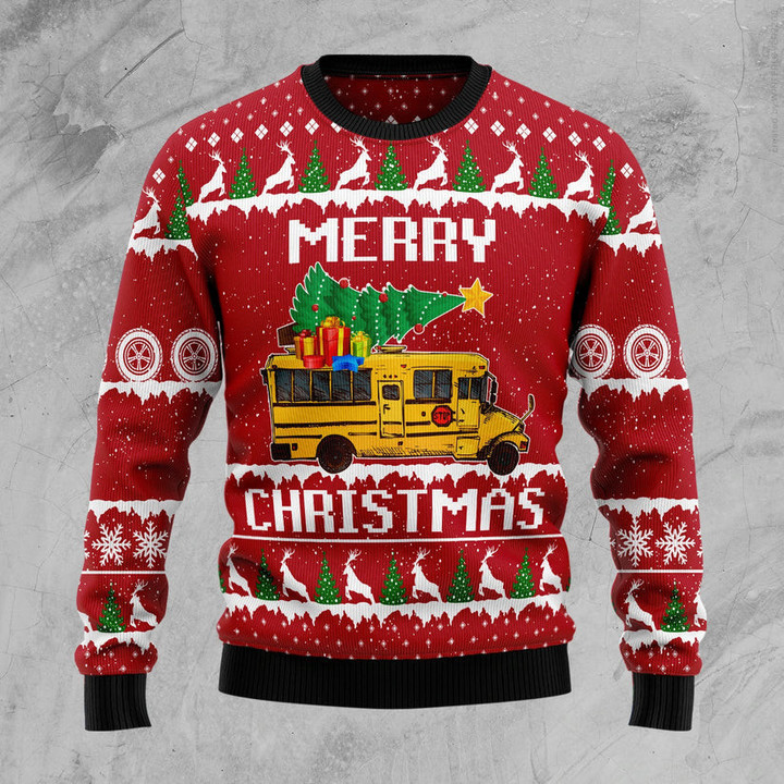 School Bus Merry Christmas Funny Ugly Christmas Sweater For Men & Women Adult - Christmas Gifts