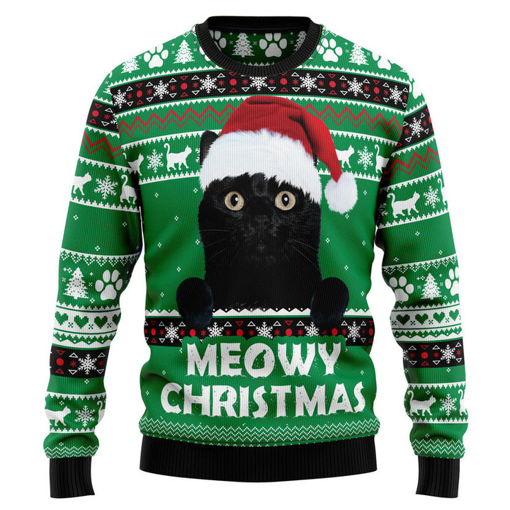 Meowy Black Cat Ugly Christmas Sweater, Black cat sweatshirt, Christmas gift