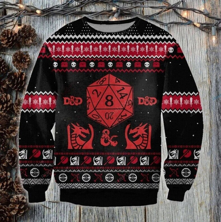 D20 Dungeons & Dragons Ugly Knitted Christmas Sweatshirt, Xmas Sweater