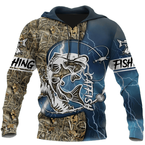 Catfish Fishing Blue Tattoos Camo 3D Shirts For Men And Women Hoodie