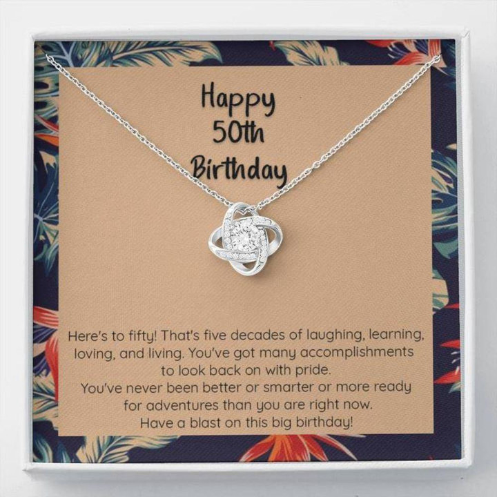 Mom Necklace, 50th Birthday, 5 Decades Of Laughing And Learning, CZ Knot Necklace Mother day necklace gift for mom