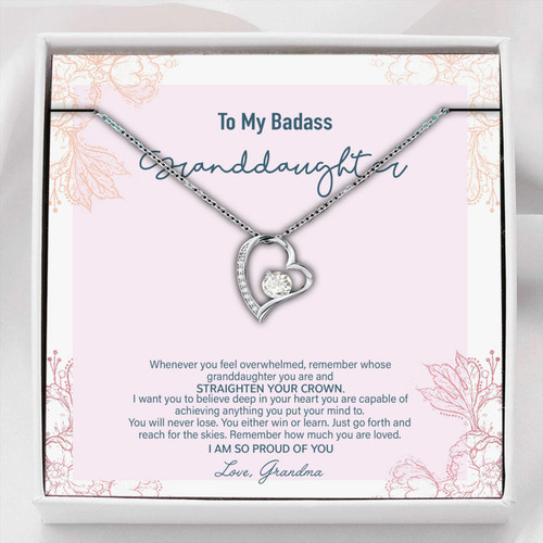 Granddaughter Necklace Gifts, Badass Overwhelmed Straighten Crown Believe Achieve Proud Necklace Granddaughter Christmas gift