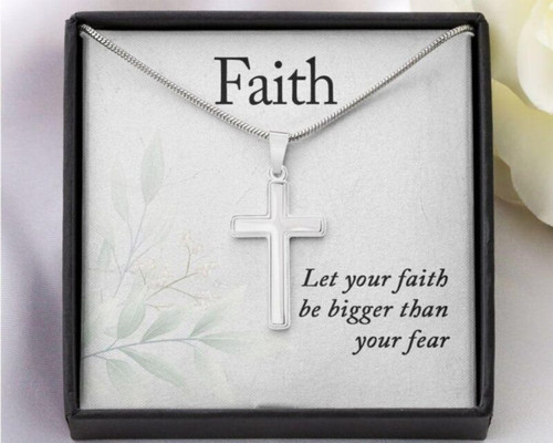 Son Necklace, Christian Gift, Faith Cross Necklace, Faith Bigger Than Fear Quote