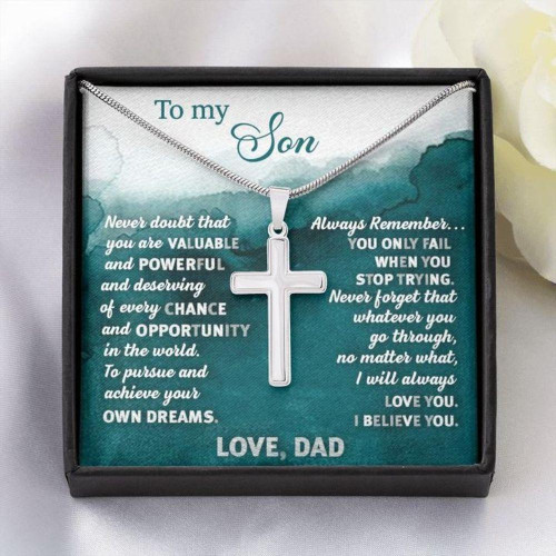 Son Necklace, Cross Necklace Gift To Son From Dad  Green  Faithful Cross Necklace  Gift Necklace Message Card
