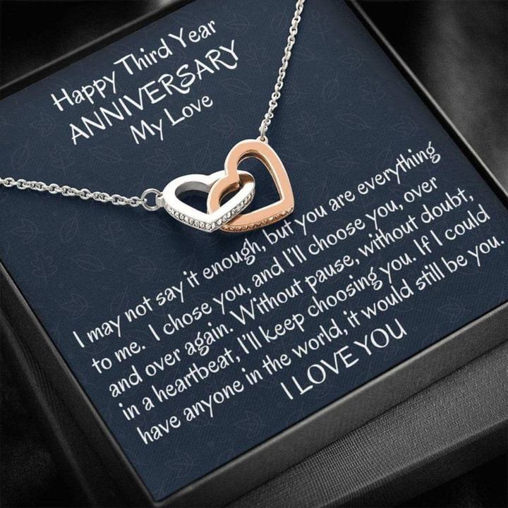 Wife Necklace gift, Third Wedding Anniversary Interlocking Hearts Wife Gift, Three Year Anniversary Necklac