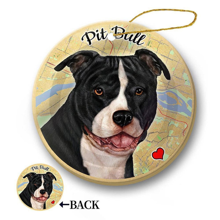 Map dog Ornament-Pit Bull (Uncrop Black & White) Porcelain Hanging Ornament