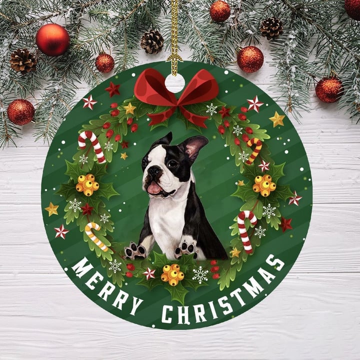 Ceramic Dog Christmas Ornament-Boston Terrier Hanging Ornament