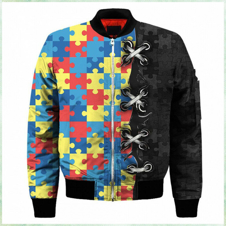 Autism Awareness Warrior Brave Bomber Jacket Color Puzzle Gift For Son