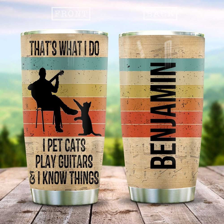 Larvasy A Man With Guitar And His Cat Personalized Stainless Steel Tumbler
