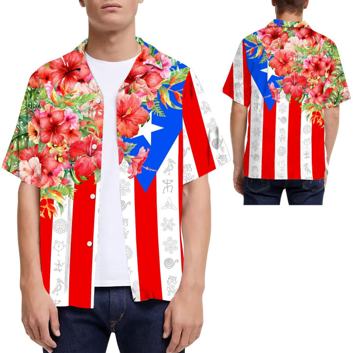 Hibiscus Puerto Rico Flag Hawaiian Shirt For Men For Puerto Ricans