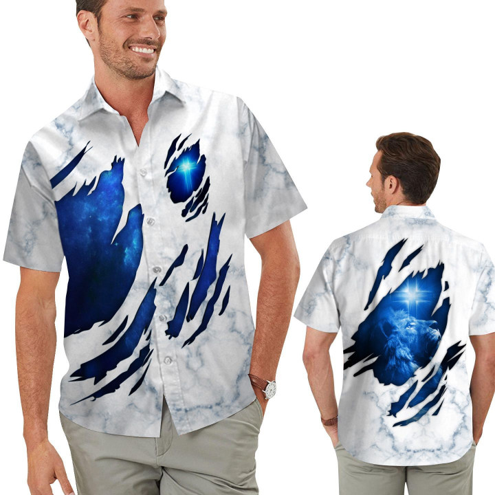 Blue Light Jesus Cross With Lion Torn Fabric Men Hawaiian Shirt - Gift For Lion Lovers