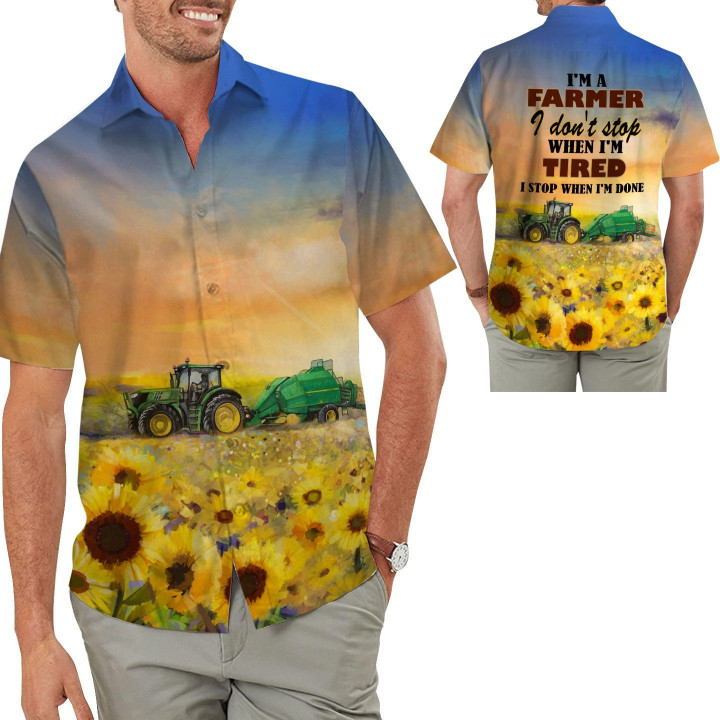 I'm A Farmer Tractor And Sunflower Field Image Men Button Up Hawaiian Shirt For Famers Lovers In Summer Unique Gifts - Gift For Sunflower Lovers
