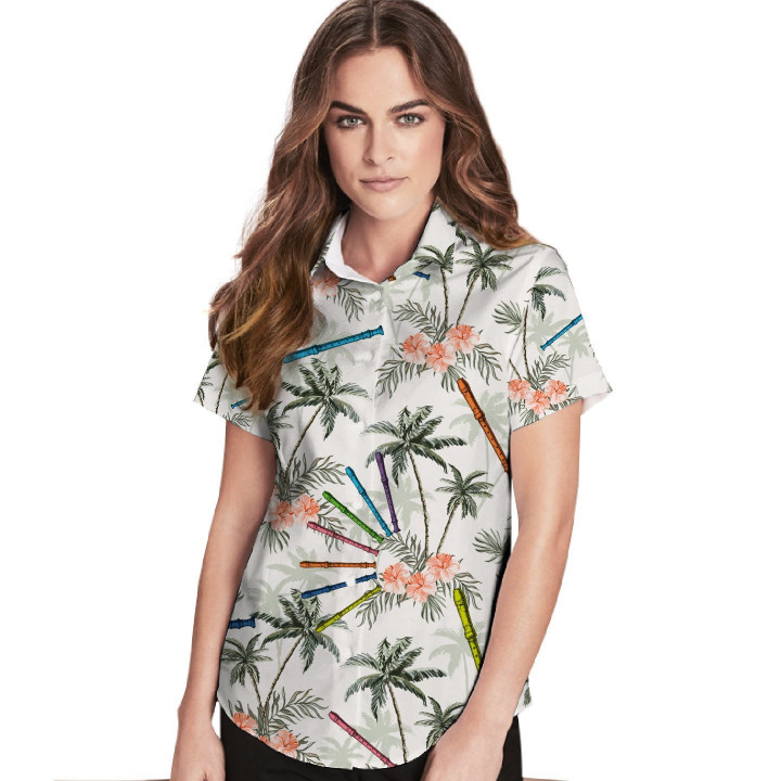 Flute Coconut Tree Hibiscus Women Hawaiian Shirt For Flute Lovers This Summer