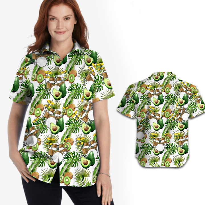 Tropical Avocado And Kiwi Drums Women Hawaiian Shirt For Drummers
