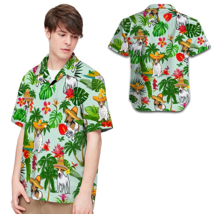 Jack Russel Wearing Mexican Hat Tropical Men Hawaiian Shirt For Dog Lovers From Mexico