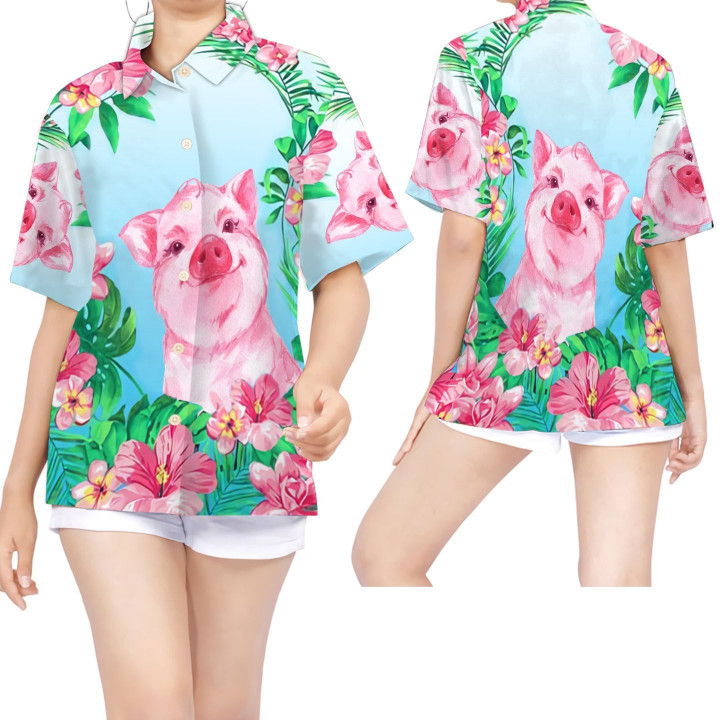 Pig Tropical Floral Women Hawaiian Shirt For Pig Lovers