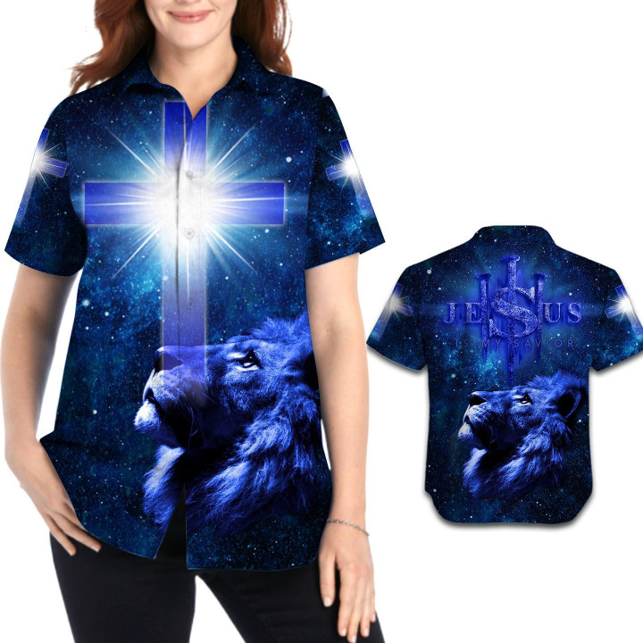 Jesus Is My Savior Cross And Lion Galaxy Background Women Button Up Hawaiian Shirt For God Lovers In Summer And Daily Life - Gift For Lion Lovers