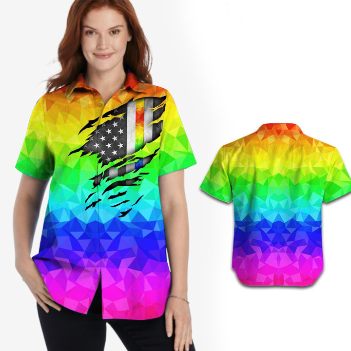 Rainbow Polygonal American Flag Women Hawaiian Shirt For LGBT Community In Pride Month