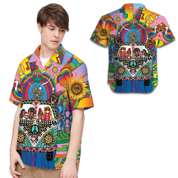 Dachshund Hippie Hawaiian Shirt For Men For Hippie Lovers - Gift For Dachshund Dog Lovers
