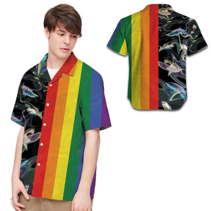 LGBT Rainbow Sharks Men Hawaiian Shirt For LGBTQ Community In Daily Life - Gift For Shark Lovers