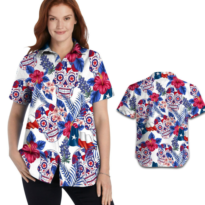 Skull Texas Flag Tropical Floral Aloha Women Button Up Hawaiian Shirt For Texas Lovers On The Beach Summer And In Daily Life