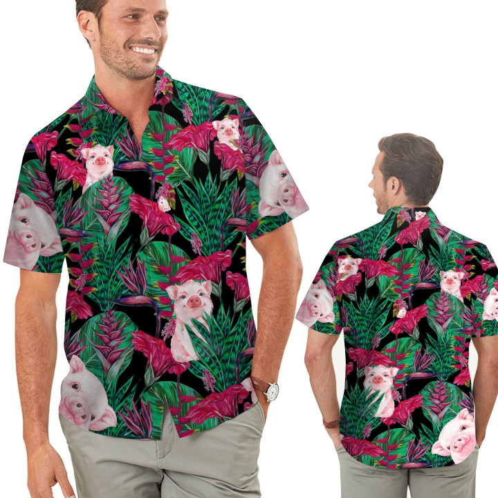 Lovely Pig Tropical Floral Men Hawaiian Shirt For Pig Lovers