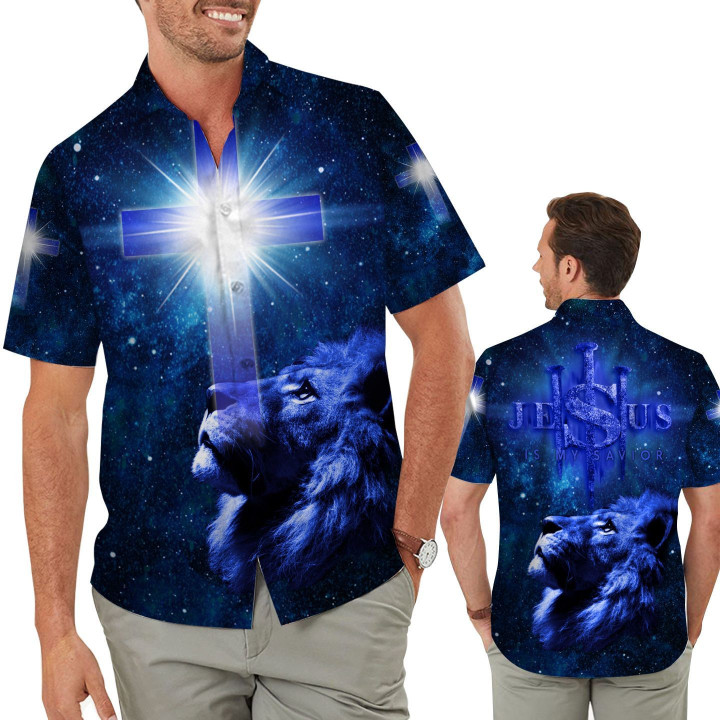 Jesus Is My Savior Cross And Lion Galaxy Background Men Button Up Hawaiian Shirt For God Lovers In Summer And Daily Life - Gift For Lion Lovers