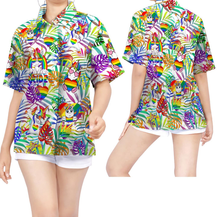 Rainbow Unicorn Tropical Leaves Women Hawaiian Shirt For LGBT Community