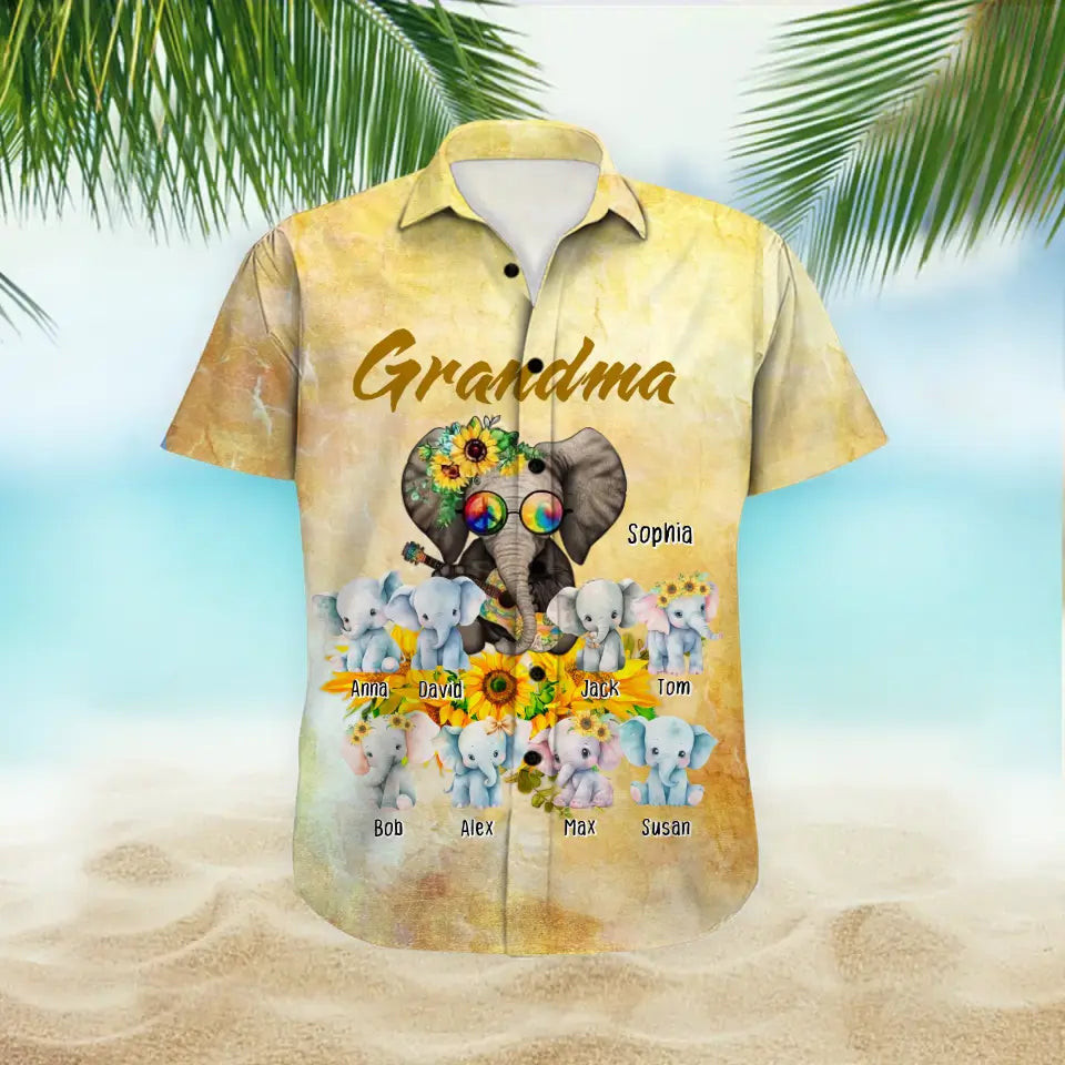 Personalized Grandma Elephant with Kid Names Hawaii Shirt Printed MTHN2023140 HW56
