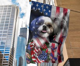 Shih Tzu Came Out American Flag Eagle And Butterflies Flag Front Door Decor FL56
