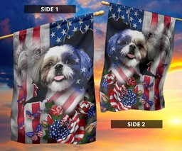 Shih Tzu Came Out American Flag Eagle And Butterflies Flag Front Door Decor FL56
