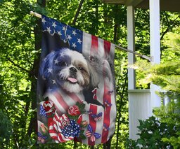 Shih Tzu Came Out American Flag Eagle And Butterflies Flag Front Door Decor FL56