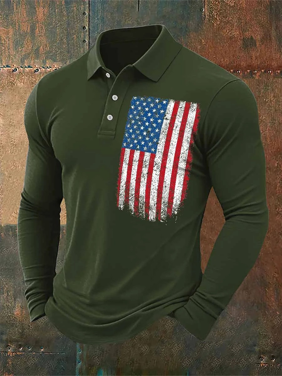 American Flag Long Sleeve Polo Shirt Men's Patriotic USA Flag Golf Long Sleeve Clothing PL57