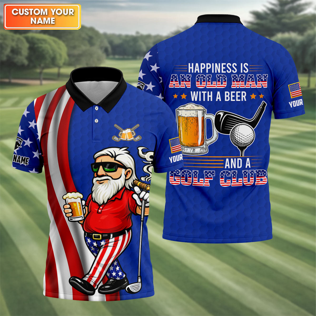 Personalized Happiness Is An Old Man With A Beer Funny 4th Of July Polo Shirt Golf Clothing PL57