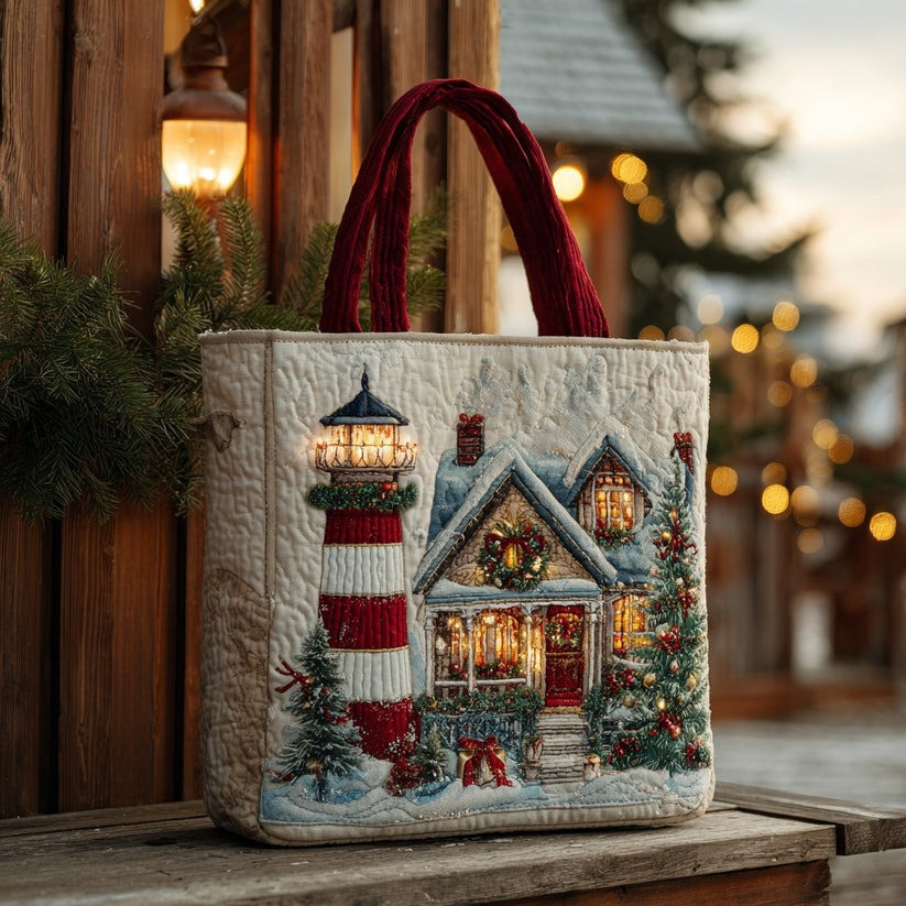 Christmas Lighthouse Quilted Tote Bag Cute Winter Holiday Xmas Gifts For Girlfriend TTB57