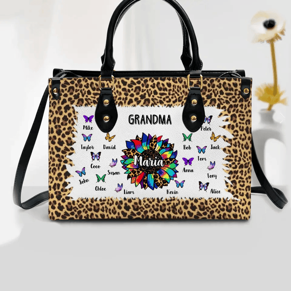 Personalized Grandma Sunflower & Butterflies with Kid Name Leather Bag Printed PNPN1305 TTB57