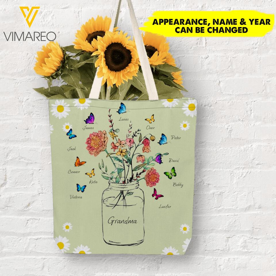 PERSONALIZED GRANDMA KID NAME FLOWER BUTTERFLY TOTE BAG NQHC1005 TTB57