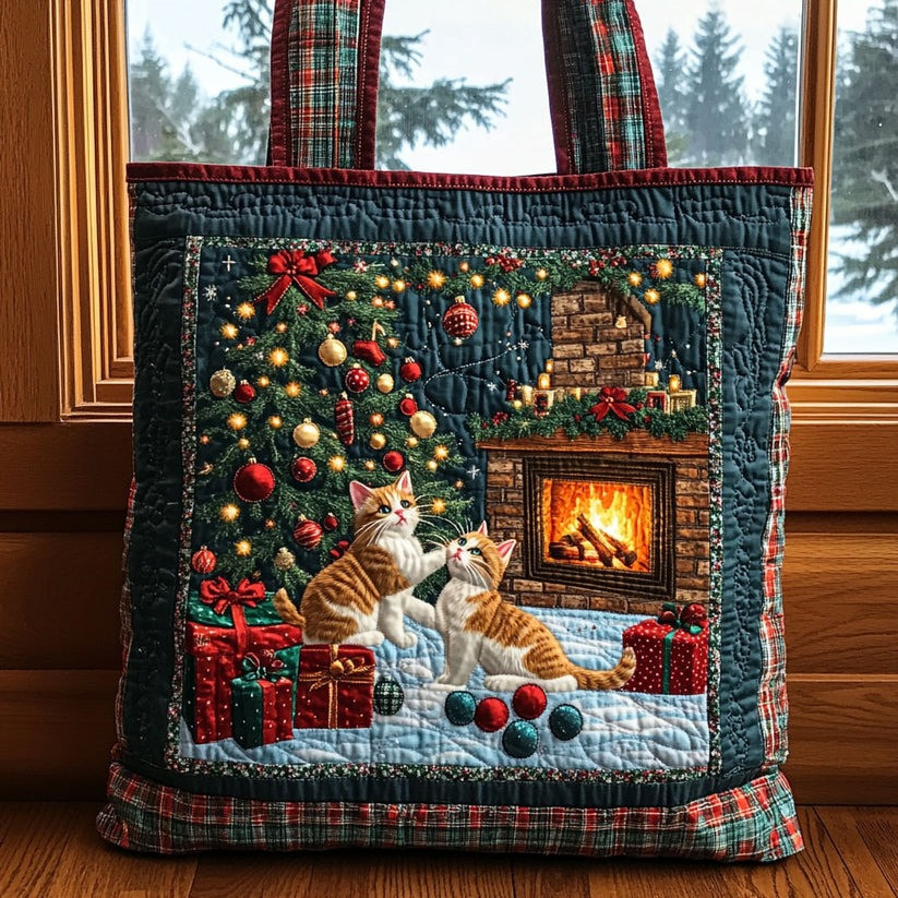 Cat Christmas Quilted Tote Bag Holiday Cute Kitten Bag Xmas Gifts For Cat Lovers TTB57