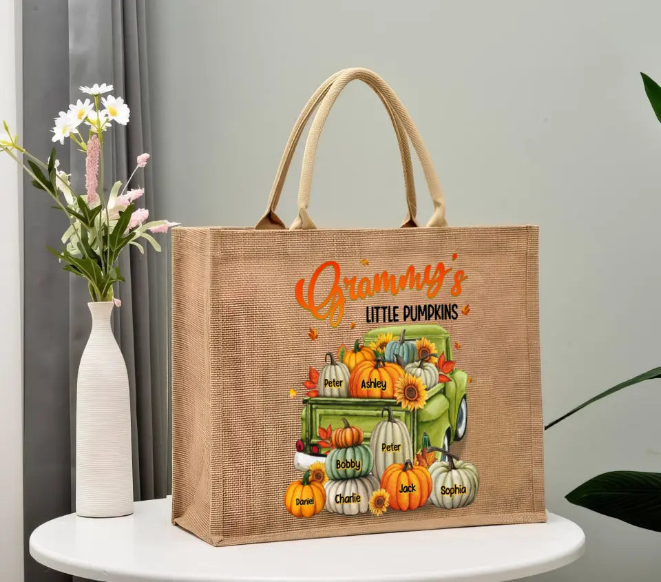 Personalized Grandma's Little Pumpkins & Kid Names Jute Tote Bag Printed VQ241923 TTB57