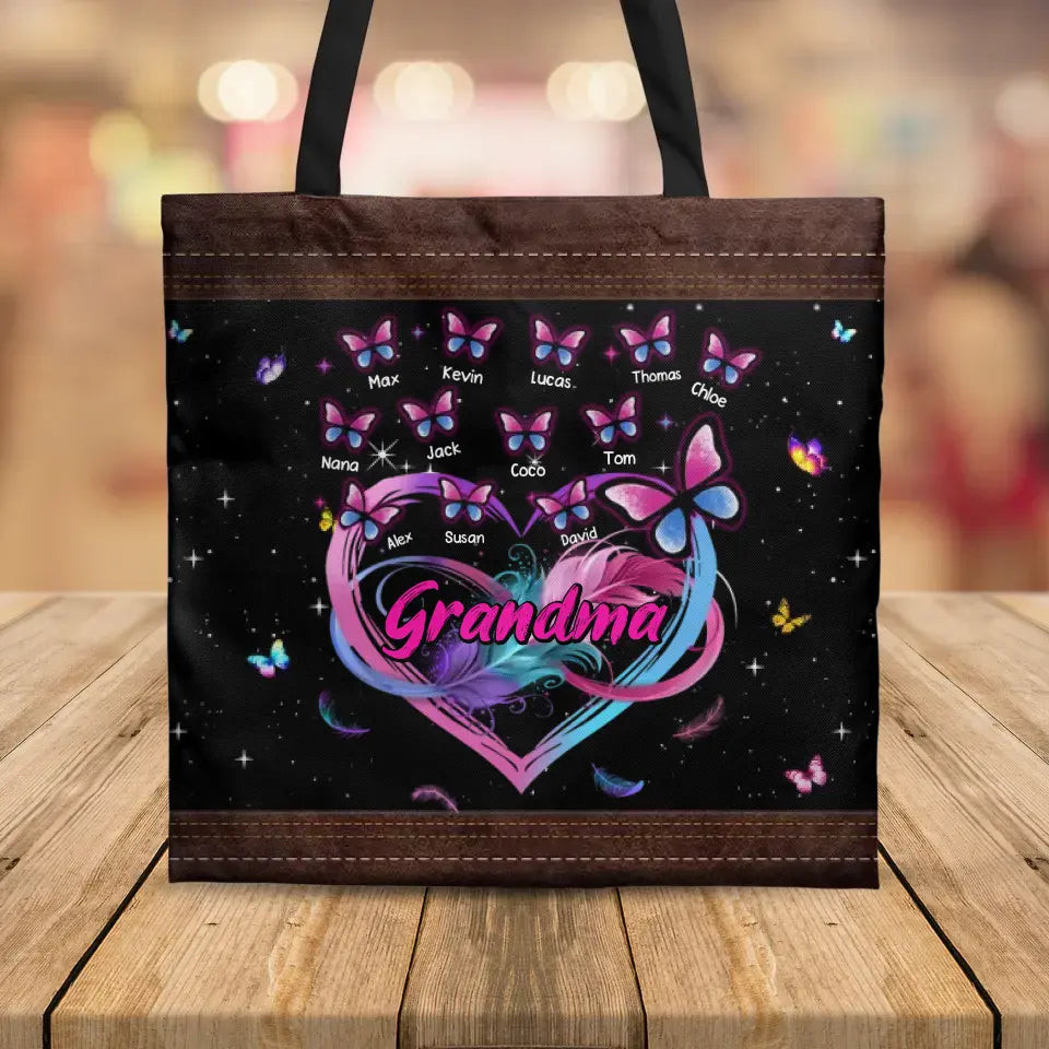 Personalized Grandma Pink Heart Butterflies Kid Name Tote Bag Printed PNHQ2404 TTB57