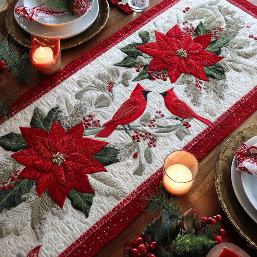 Cardinal Poinsettia Quilted Table Runner Christmas Dinner Decorations Cardinal Bird Gifts TR57