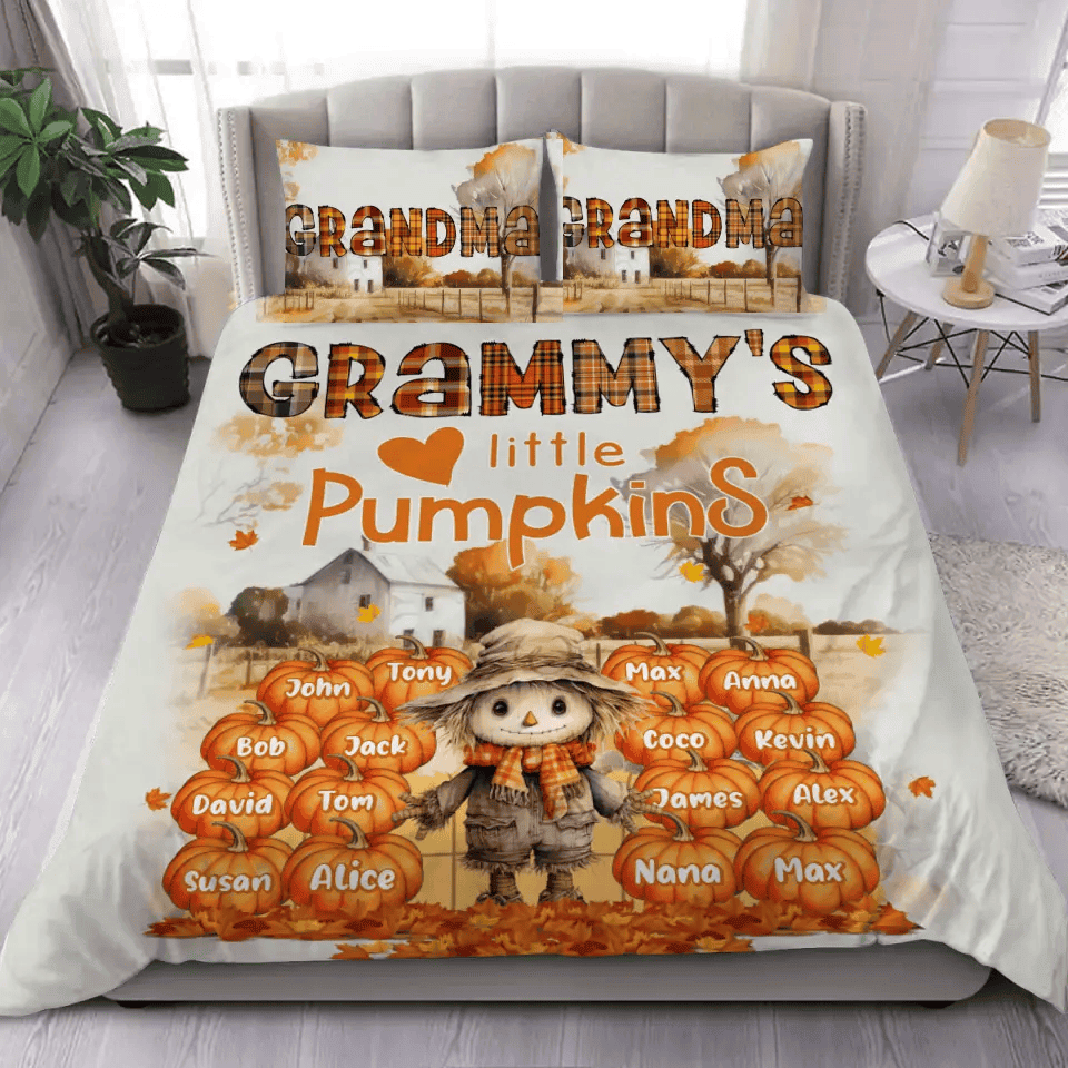 Personalized Grandma's Little Pumpkins Scarecrow & Kid Names Bedding Set Printed HTHPD2023116 BD510
