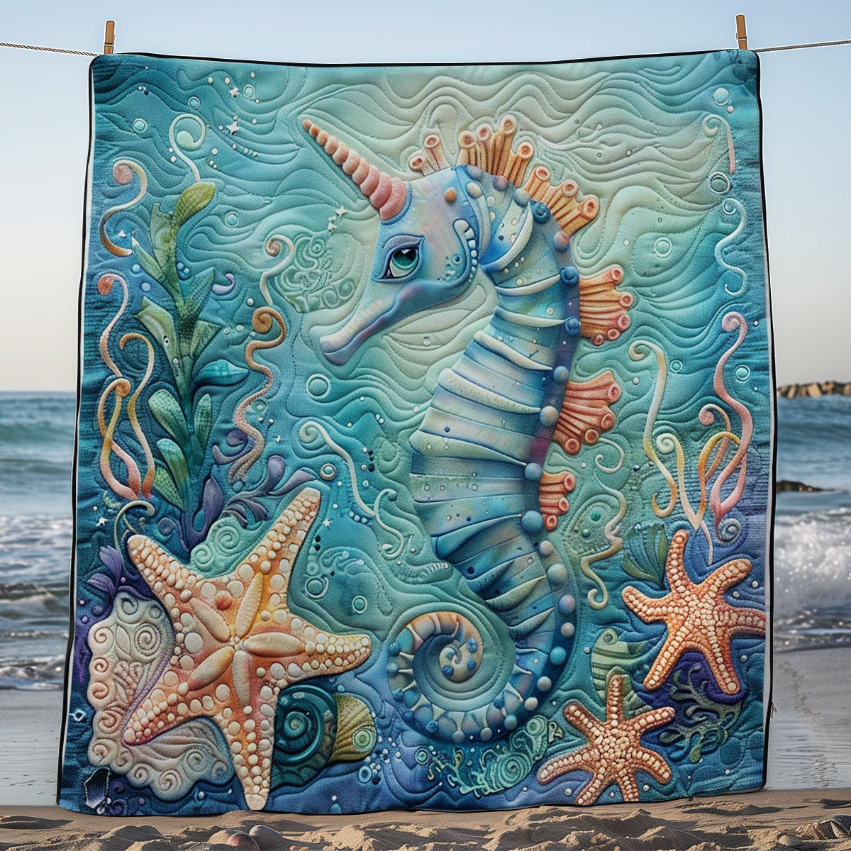 Seahorse Ocean Quilted Blanket - Beautiful Seahorse Design, Ideal Blanket Gift for Ocean Lovers QL510