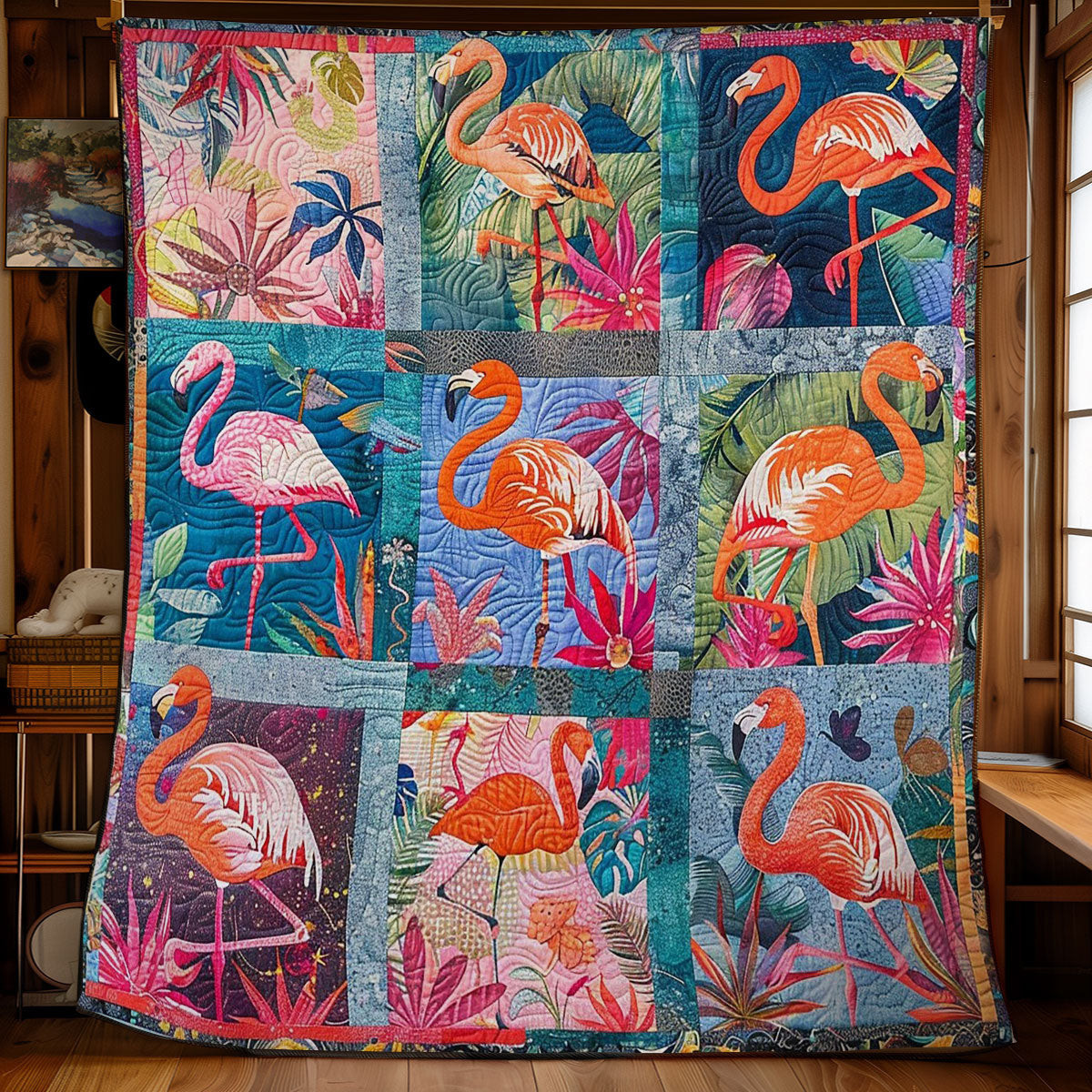 Flamingo Quilted Blanket - Beautiful Flamingo Design, Perfect Gift for Tropical Lovers QL510