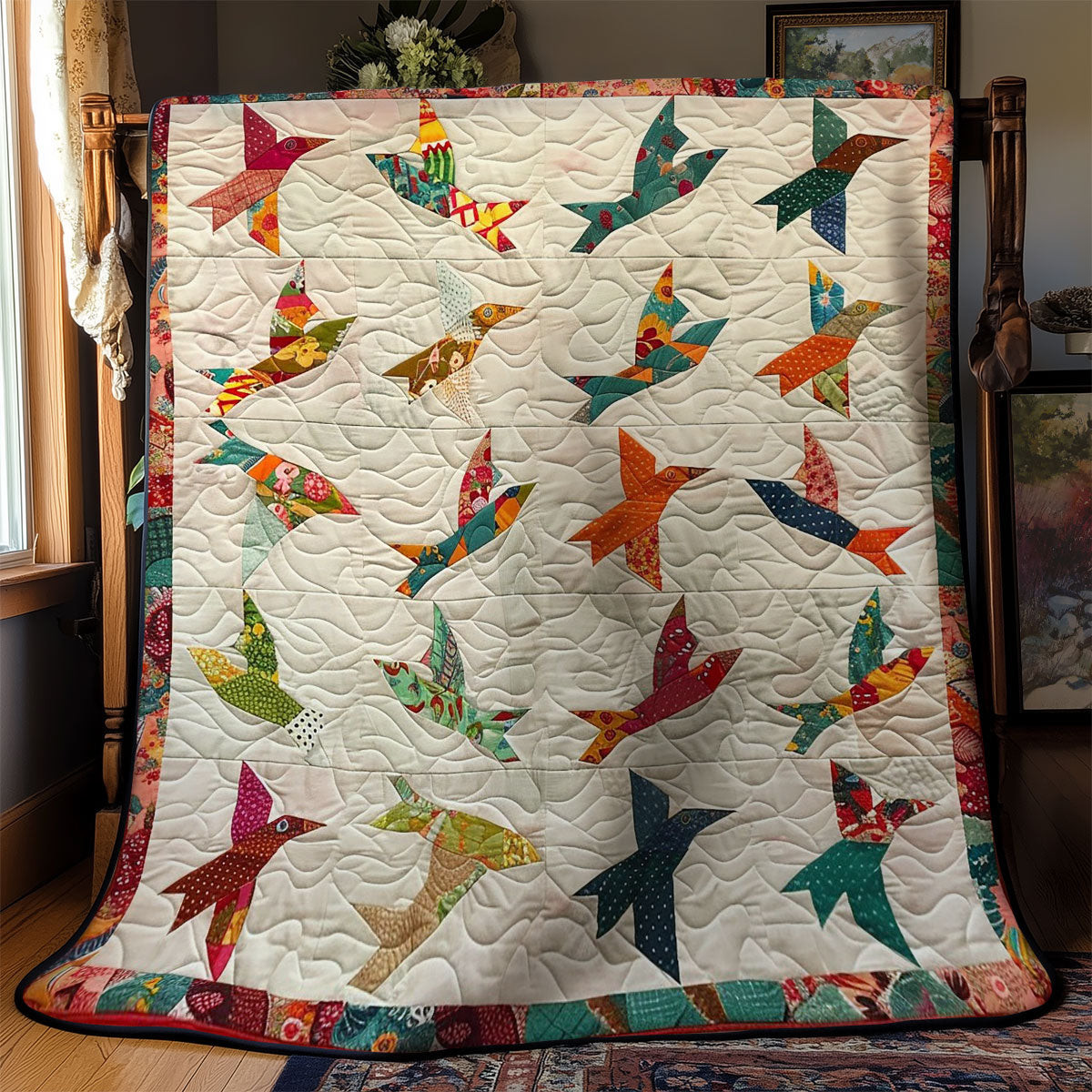Shapes of Birds Quilt - Elegant Birds Quilt Blanket for Birdwatching and Nature Lovers QL510
